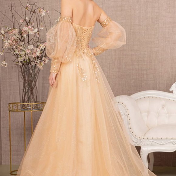 NEW OFF THE SHOULDER A-LINE EMBROIDERED SEQUINS DRESS WITH LACE UP BACK GL3118 - Picture 8 of 11